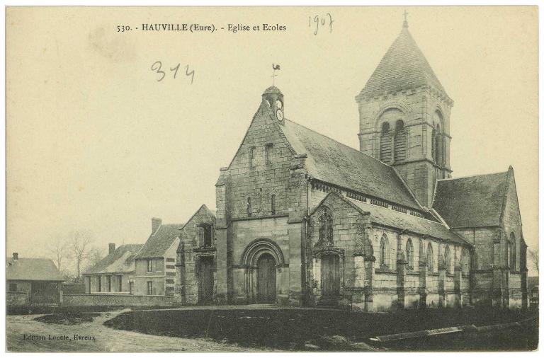 530. HAUVILLE (Eure).- Église et écoles.- Carte postale, [vers 1907], édition Loncle, Évreux (AD Eure, 8 FI).