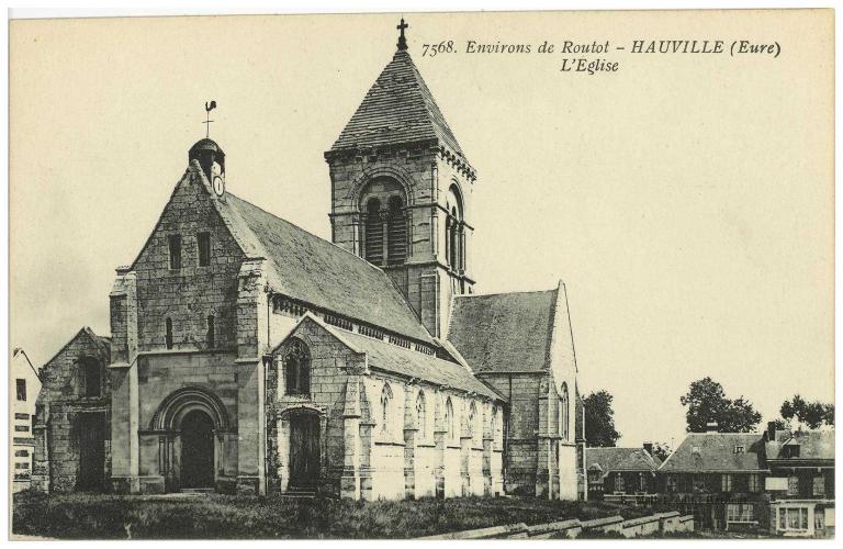 7568. Environs de Routot - HAUVILLE (Eure).- L'Église.- Carte postale ancienne, édition E. Mellet, Harfleur (AD Eure, 8 FI).