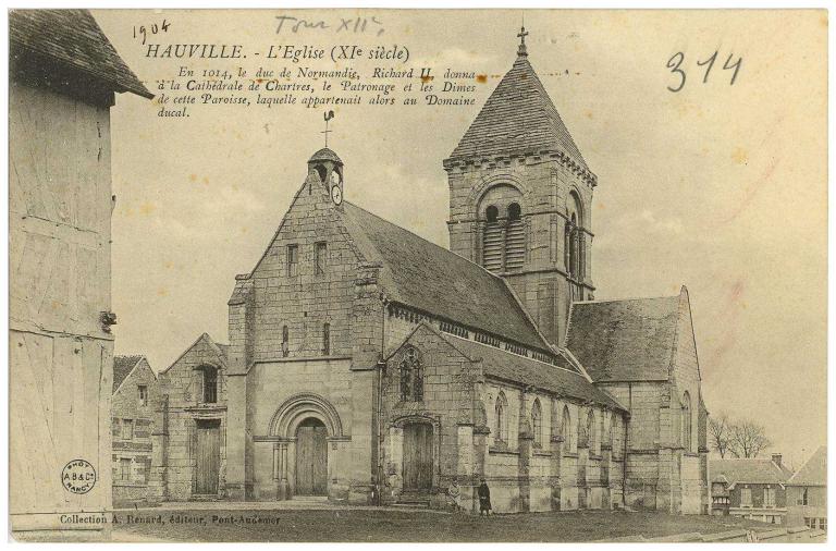 HAUVILLE (Eure).- L'Église (XIe siècle).- Carte postale, [vers 1904], édition A. Renard, Pont-Audemer (AD Eure, 8 FI).