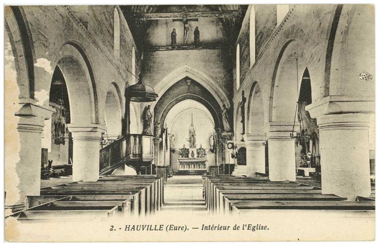 2. HAUVILLE (Eure).- Intérieur de l'église.- Carte postale ancienne (AD Eure, 8 FI).