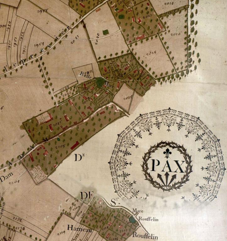 Terres de l'ancien fief de la Grande Houssaye.- Extrait du plan parcellaire de la paroisse de Hauville dressé par Augustin Poullain, 1748. ; Belle mare et mare Rousselin.- Extrait du plan parcellaire de la paroisse de Hauville dressé par Augustin Poullain, 1748.