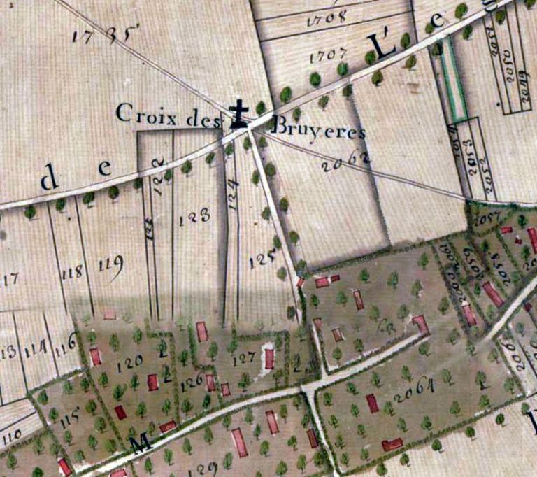 Croix des Bruyères.- Extrait du plan parcellaire de la paroisse de Hauville dressé par Augustin Poullain, 1748.