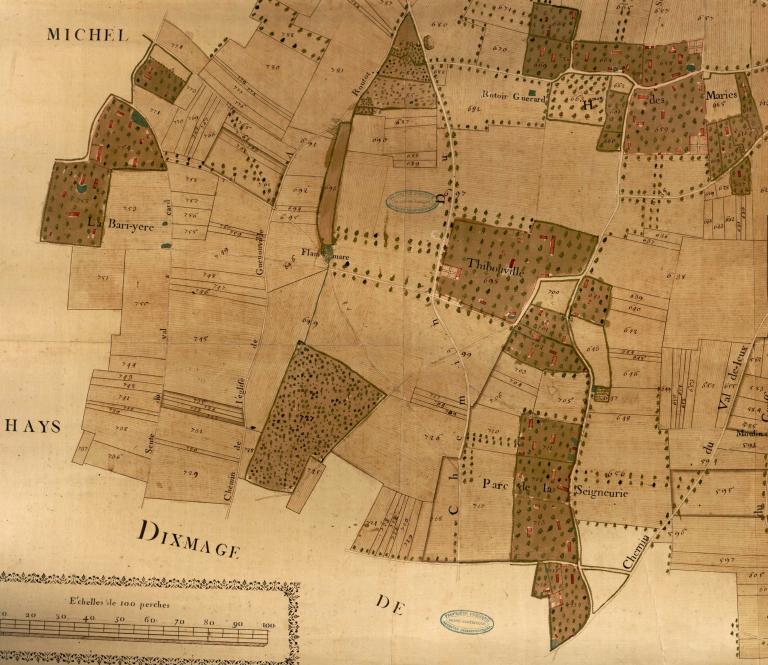 Thibouville.- Extrait du plan parcellaire de la paroisse de Hauville dressé par Agustin Poullain, 1748. 