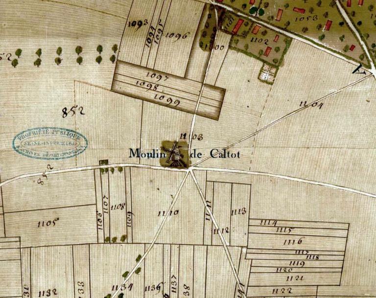 Moulin de Caltot.- Extrait du plan parcellaire de la paroisse de Hauville dressé par Augustin Poullain, 1748. ; Moulin de Caltot.- Extrait du plan parcellaire de la paroisse de Hauville dressé par Augustin Poullain, 1748.  (AD Seine-Maritime).