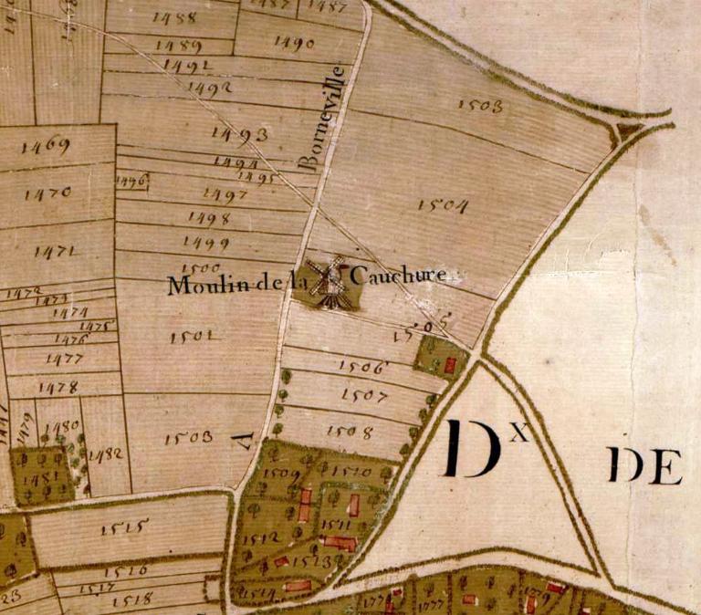 Moulin de la Couchure.- Extrait du plan parcellaire de la paroisse de Hauville dressé par Augustin Poullain, 1748.  ; Moulin de la Cauchure.- Extrait du plan parcellaire de la paroisse de Hauville dressé par Augustin Poullain, 1748.  ; Moulin de la Cauchure.- Extrait du plan parcellaire de la paroisse de Hauville dressé par Augustin Poullain, 1748.  (AD Seine-Maritime).