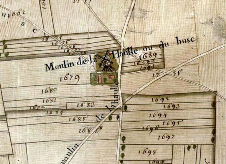 Moulin de la Haulle ou du Busc.- Extrait du plan parcellaire de la paroisse de Hauville dressé par Augustin Poullain, 1748.  ; Moulin de la Haulle ou du Busc.- Extrait du plan parcellaire de la paroisse de Hauville dressé par Augustin Poullain, 1748.  (AD Seine-Maritime).