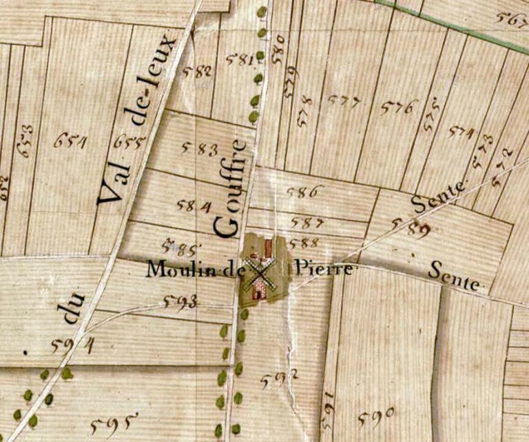 Moulin de pierre.- Extrait du plan parcellaire de la paroisse de Hauville dressé par Augustin Poullain, 1748.  ; Moulin de Pierre.- Extrait du plan parcellaire de la paroisse de Hauville dressé par Augustin Poullain, 1748.  (AD Seine-Maritime).