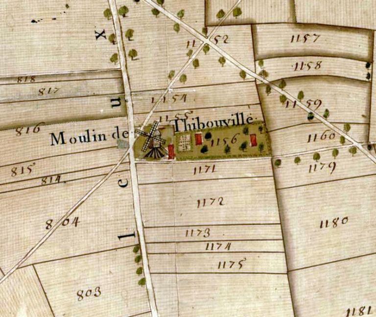 Moulin de Thibouville.- Extrait du plan parcellaire de la paroisse de Hauville dressé par Augustin Poulin, 1748.  ; Moulin de Thibouville.- Extrait du plan parcellaire de la paroisse de Hauville dressé par Augustin Poullain, 1748. (AD Seine-Maritime).