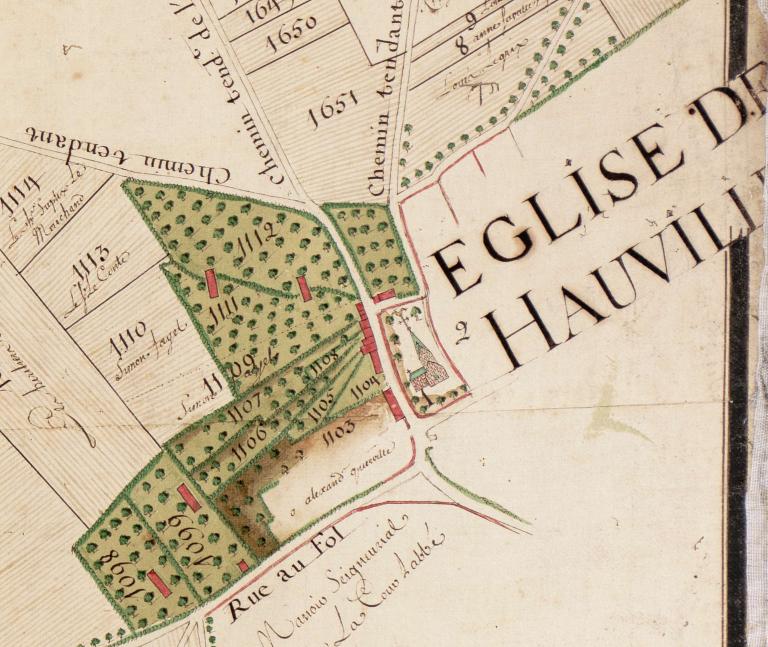 Eglise de Hauville.- Extrait du plan géométrique d'une partie de la paroisse d'Hauville en Rommois, 1761. ; Eglise de Hauville.- Extrait du plan géométrique d'une partie de la paroisse d'Hauville en Rommois, 1761.