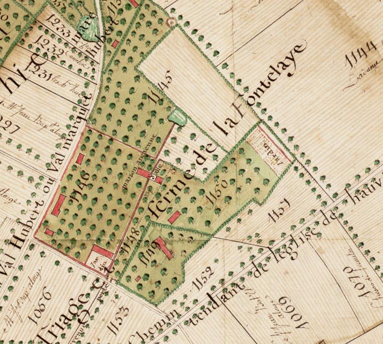 Ferme de la Fontelaye.- Extrait du plan géométrique d'une partie de la paroisse d'Hauville en Rommois, 1761. 