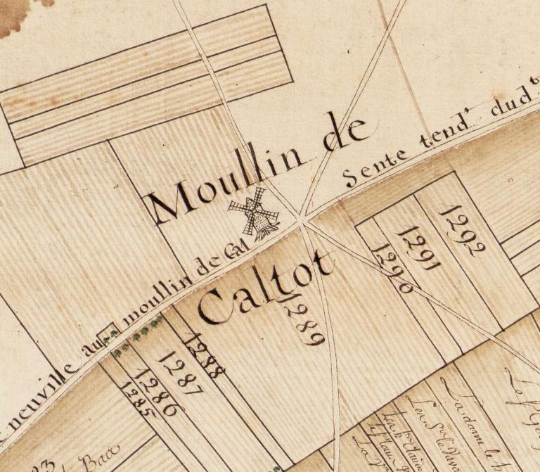 Moullin de Caltot.- Extrait du plan géométrique d'une partie de la paroisse d'Hauville en Rommois, 1761. ; Moullin de Caltot.- Plan géométrique d'une partie de la paroisse d'Hauville en Rommois, 1761. (AD Seine-Maritime).
