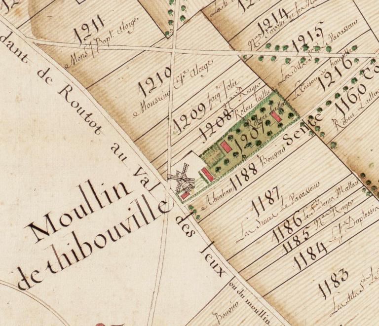 Moulin de Thibouville.- Extrait du plan géométrique d'une partie de la paroisse d'Hauville en Rommois, 1761. ; Moullin de Thibouville.- Plan géométrique d'une partie de la paroisse d'Hauville en Rommois, 1761. (AD Seine-Maritime).