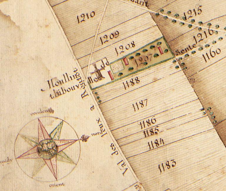 Moulin de Thibouville.- Extrait du plan géométrique d'une partie de la paroisse d'Hauville en Rommois,  janvier 1762. ; Moullin de Thibouville.- Plan géométrique d'une partie de la paroisse d'Hauville en Rommois, janvier 1762. (AD Seine-Maritime). 