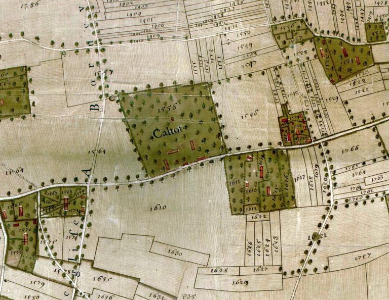 Manoir de Caltot.- Extrait du plan parcellaire de la paroisse de Hauville dressé par Agustin Poullain, 1748. 