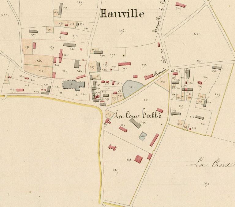 La Cour l'abbé.- Extrait du cadastre napoléonien de Hauville, section C, 1ère feuille, 1826.  ; Extrait du cadastre napoléonien de Hauville, section C, 1ère feuille, 1826.  ; Extrait du cadastre napoléonien de Hauville, section C, 1ère feuille, 1826. 