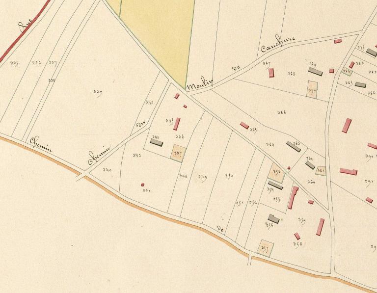 Moulin de la Cauchure.- Extrait du plan cadastral de Hauville, section A, 1826.  ; Extrait du cadastre napoléonien de Hauville, section A, 1826. 
