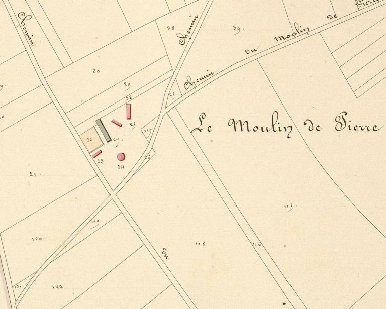 Le Moulin de pierre.- Extrait du cadastre napoléonien de Hauville, section D, 1826. 