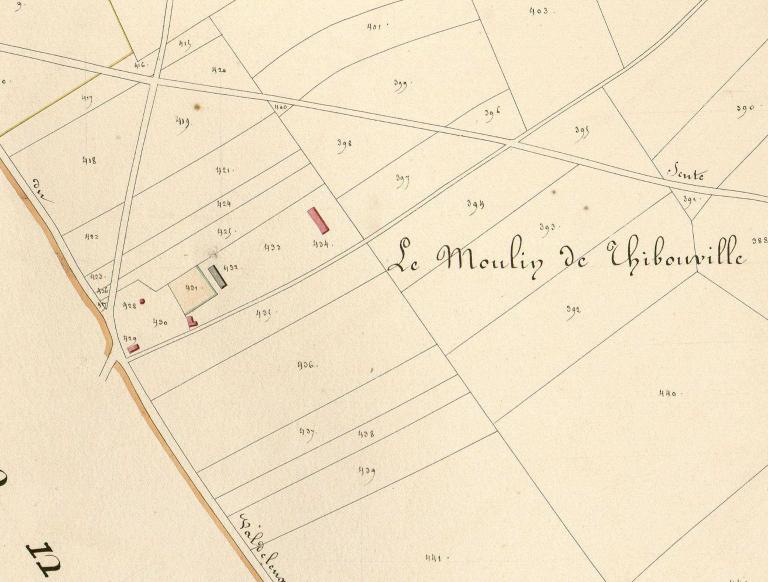 Le Moulin de Thibouville.-  Extrait du cadastre napoléonien de Hauville, section F, 1826. 