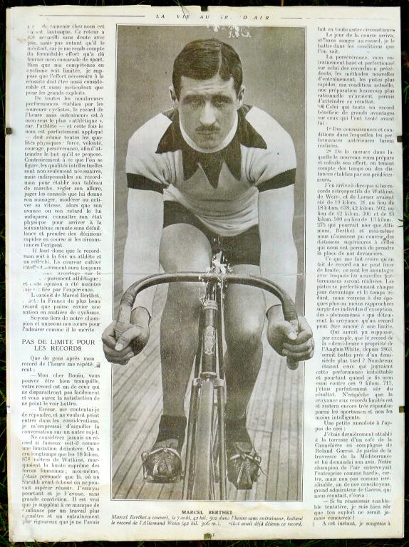 Article et portrait à vélo de Marcel Berthet, extrait de Le Plein Aire, revue de tous les sports, 14 aout 1913 (Collection particulière).
