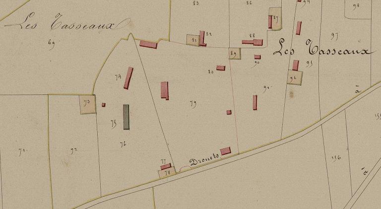 La ferme des Tasseaux.- Extrait du cadastre napoléonien. (AD Eure, 3PL/958/9, plan cadastral, Routot, section E des Drouets, 1826).