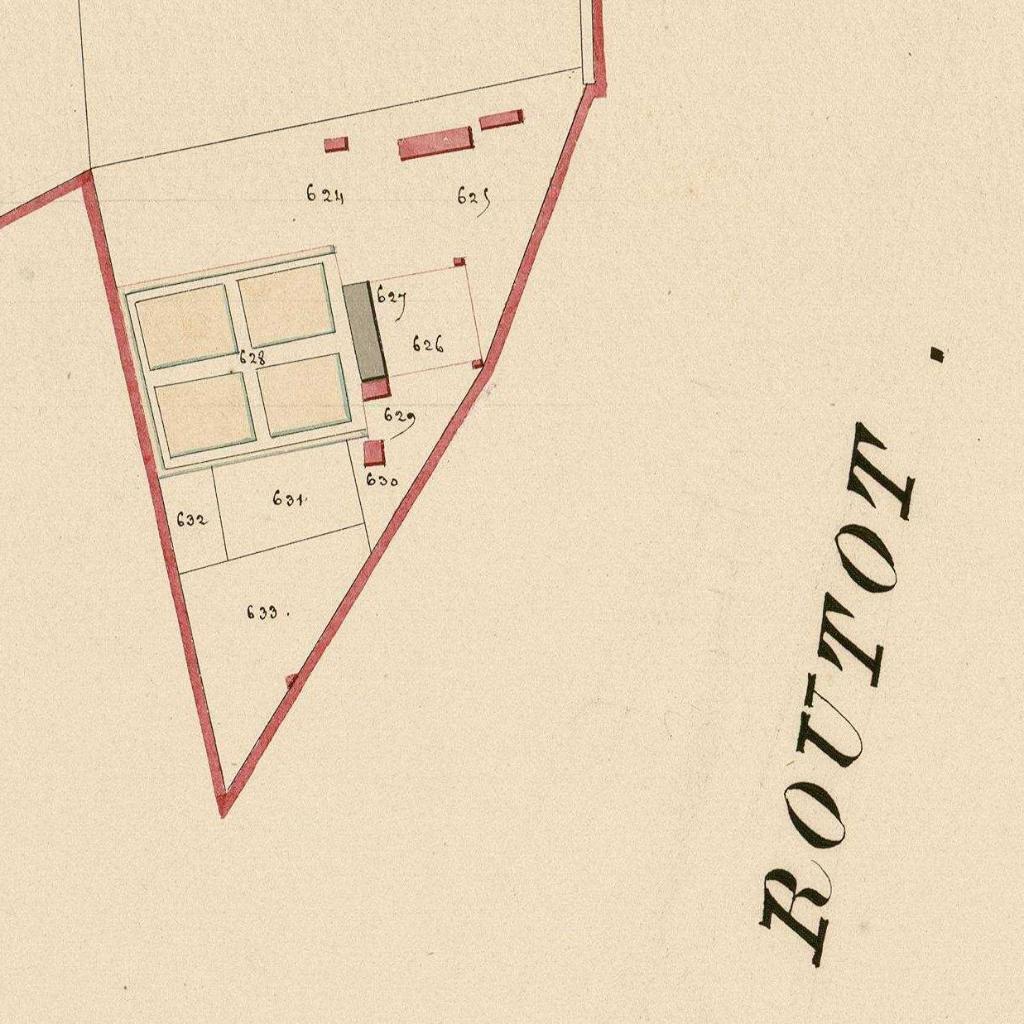 Ferme des Carrières.- Extrait du cadastre napoléonien. (AD Eure. 3PL/969/5, plan cadastral, La Haye-Aubrée, section B, de l’Église, 1ère feuille, 1826).