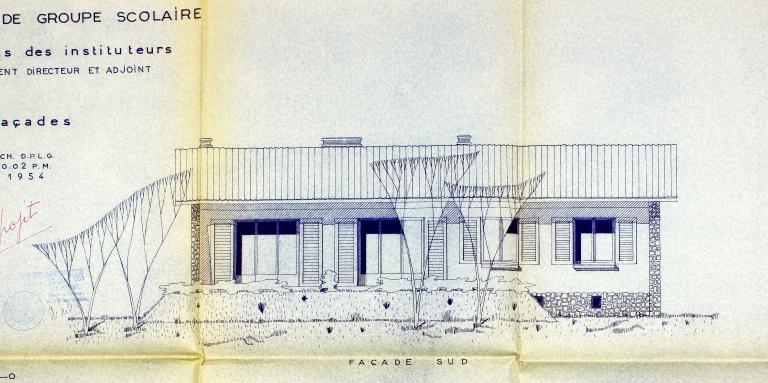 Elévation de la maison du directeur et de son adjoint, façade sud.- Diazographie, Maurice Novarina, 1954. (AD Eure, 5O6/607).