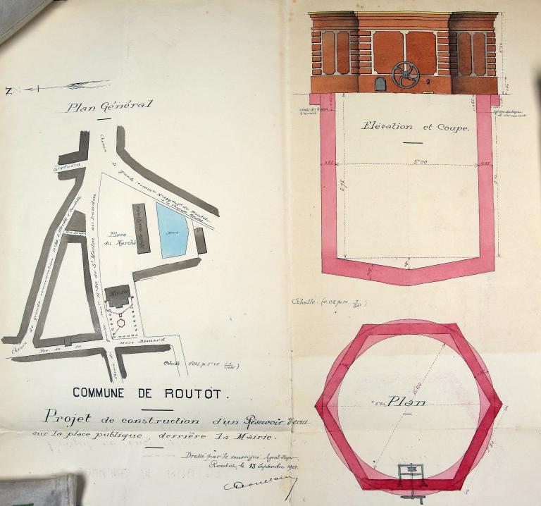 Projet de construction d'un réservoir d'eau derrière la mairie [non réalisé]. Plan, coupe, élévation par Poullain, agent-voyer, 13 septembre 1901. (AD Eure, 5O6/606).