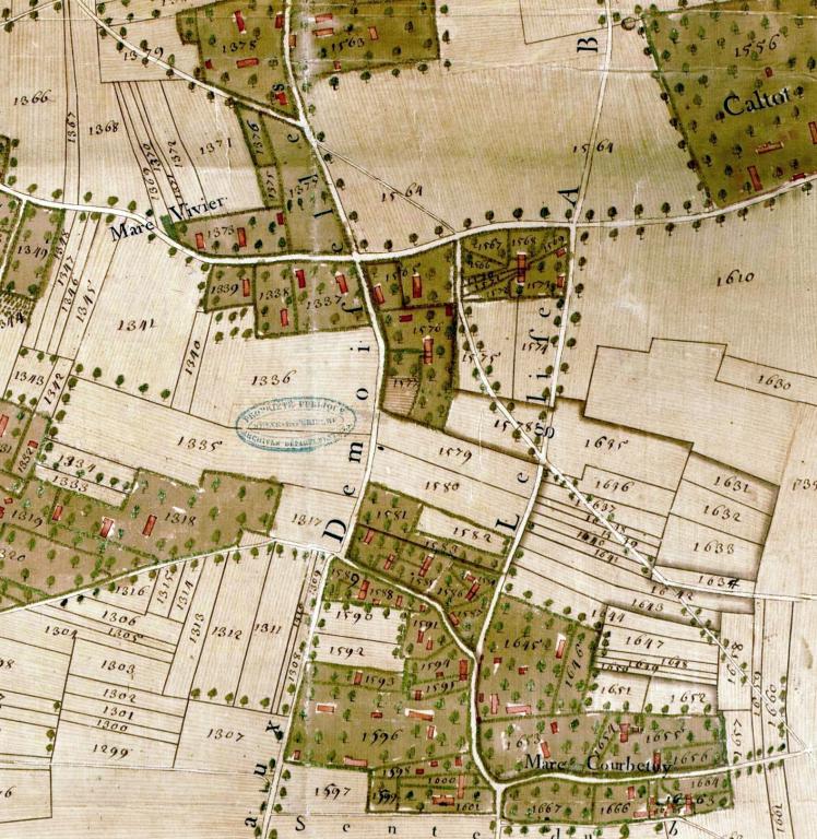Sente aux demoiselles.- Extrait du plan parcellaire de la paroisse de Hauville dressé par Augustin Poullain, 1748. 