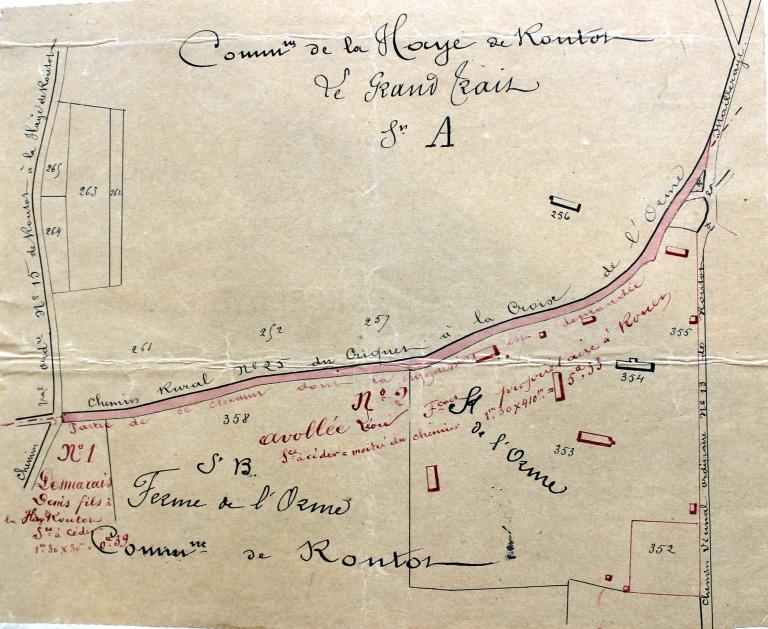 Chemin rural n°25 des Criquets à la Croix de l'Orme.- Plan parcellaire dressé par Delavigne, agent-voyer du canton de Routot, 10 juillet 1885. 