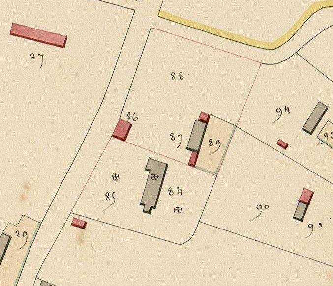 Extrait du cadastre napoléonien de La Haye-de-Routot, section B de l'église, 1826.  ; Extrait du cadastre napoléonien de La Haye-de-Routot, section B de l'église, 1826. 