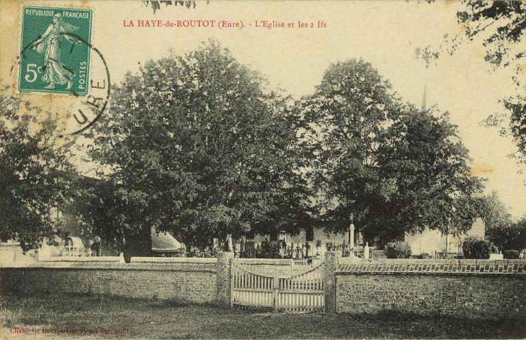 LA HAYE DE ROUTOT.- L'église et les deux ifs.- Carte postale [vers 1900], cliché et collection Douthwaite, photo, libraire-éditeur (AD Eure, 8 FI).