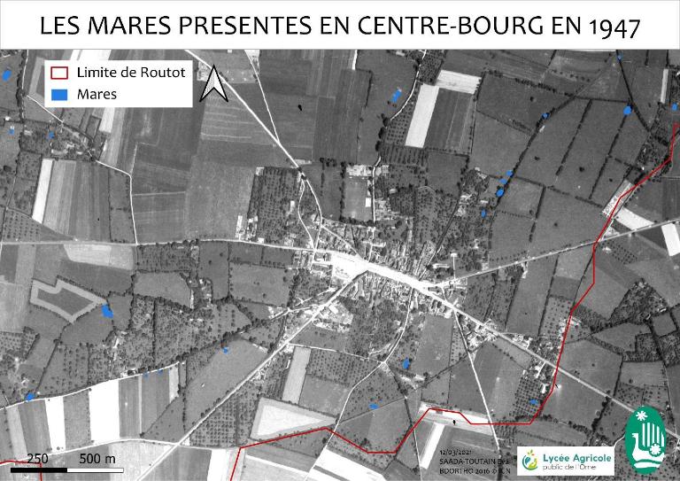 Les mares présentes en centre-bourg en 1947.- Illustration du dossier rédigé par les étudiants du lycée agricole de Sées, 2021. 