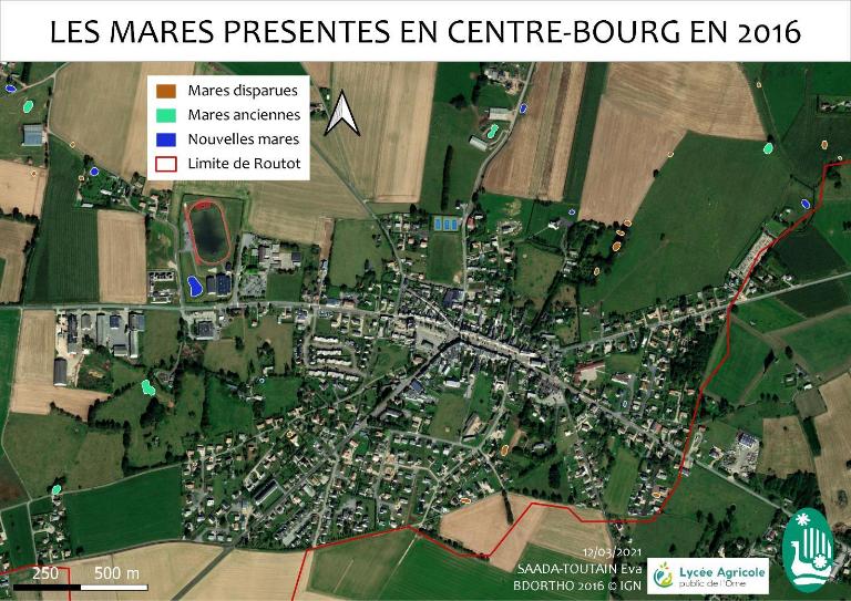 Les mares présentes en centre-bourg en 2016.- Illustration du dossier rédigé par les étudiants du lycée agricole de Sées, 2021. 