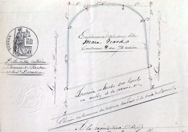 Emplacement de la mare dite mare Grard.- Délimitation réalisée par Frédéric Edouard Taupin, géomètre à Hauville, vers 1870. 