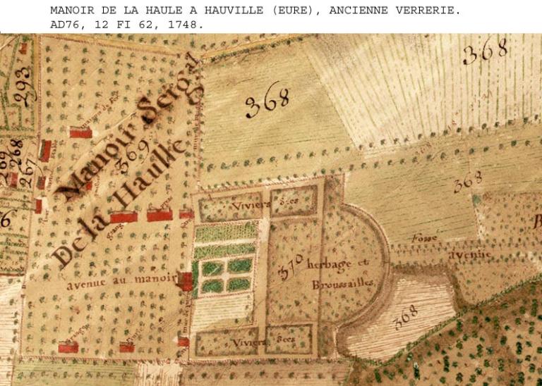 Manoir seigneurial de la Haulle.- Extrait du plan parcellaire de la paroisse de Hauville, 1748.