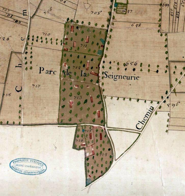 Parc de la Seigneurie.- Extrait du plan parcellaire de la paroisse de Hauville dressé par Augustin Poullain, 1748.