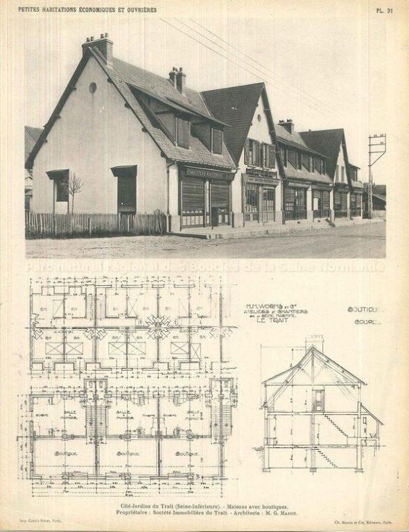 Maison avec boutique [route départementale 982].- Photographie, plan, coupe, Planche 31. In : Petites habitations économiques et ouvrières. Le Trait. Paris : Ch. Massin et Cie, [192?].