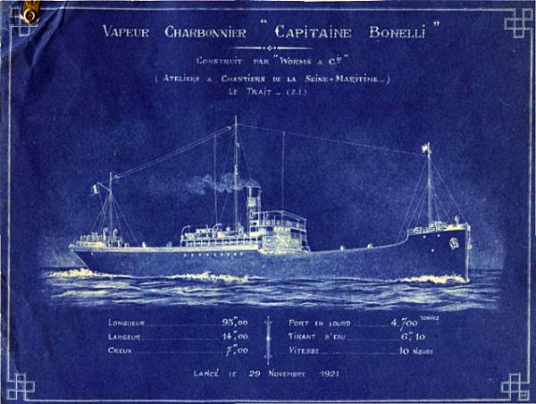 Dessin technique du charbonnier Capitaine Bonelli construit par "Worms et Cie" (Ateliers et chantiers de la Seine-Maritime [premier navire lancé par les ACSM le 29 novembre 1921].- Dessin, 1921 (Coll. part.).
