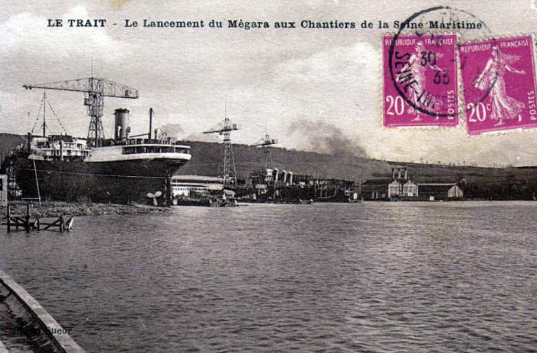 Le lancement du Mégara aux Chantiers de la Seine-Maritime.- Carte postale, 1928 (Coll. part.).