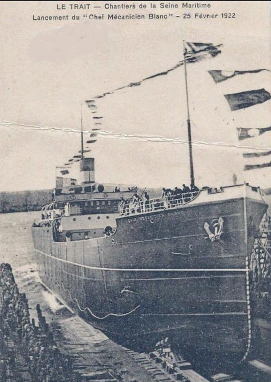 Chantiers de la Seine-Maritime, lancement du Chef Mécanicien Blanc - 25 février 1922.- Carte postale, 1922 (Coll. part.).