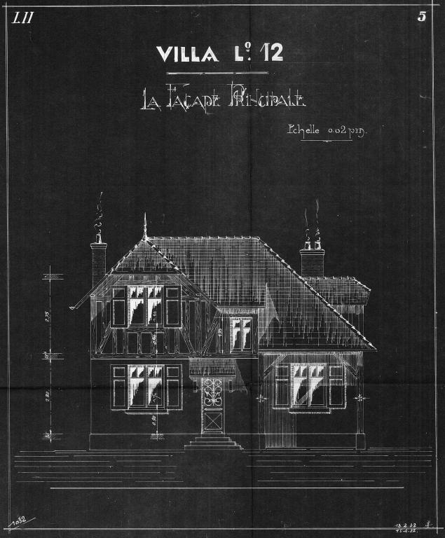 Villa type L 12, façade principale, 1/50e, 13 février 1932 (PNRBSN, archives de la Société Immobilière du Trait).