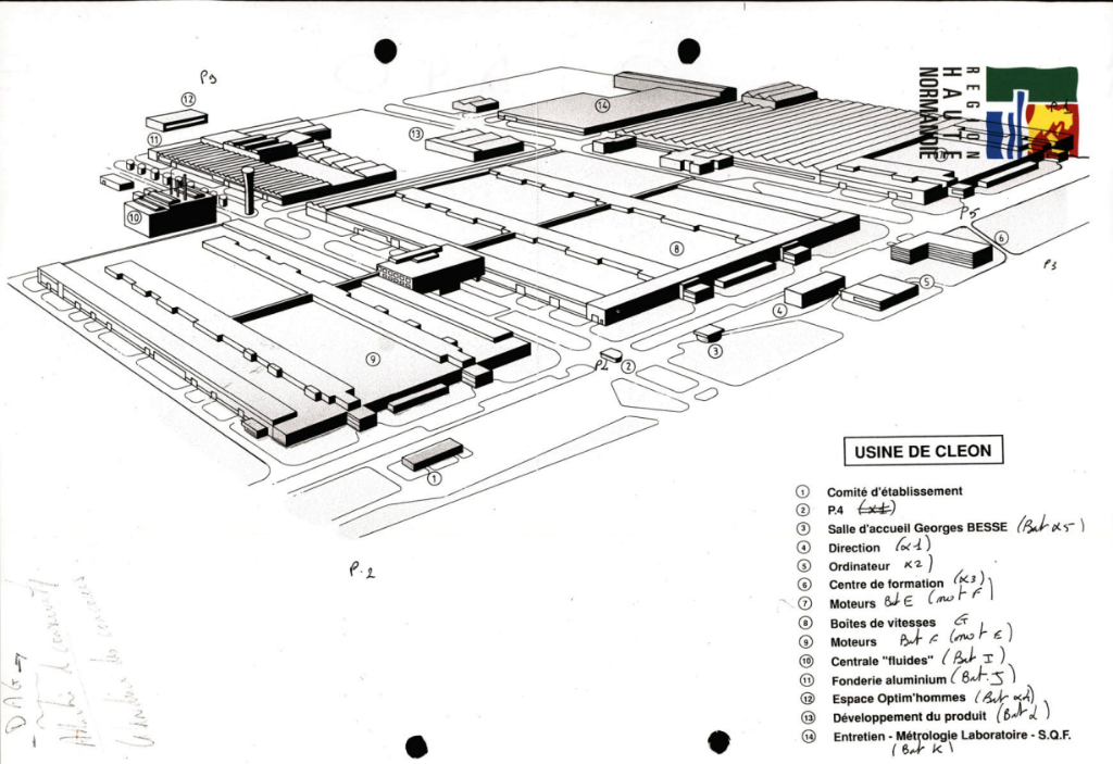 Perspective légendée de l'usine.- Plan, vers 1990 (Coll. Renault).