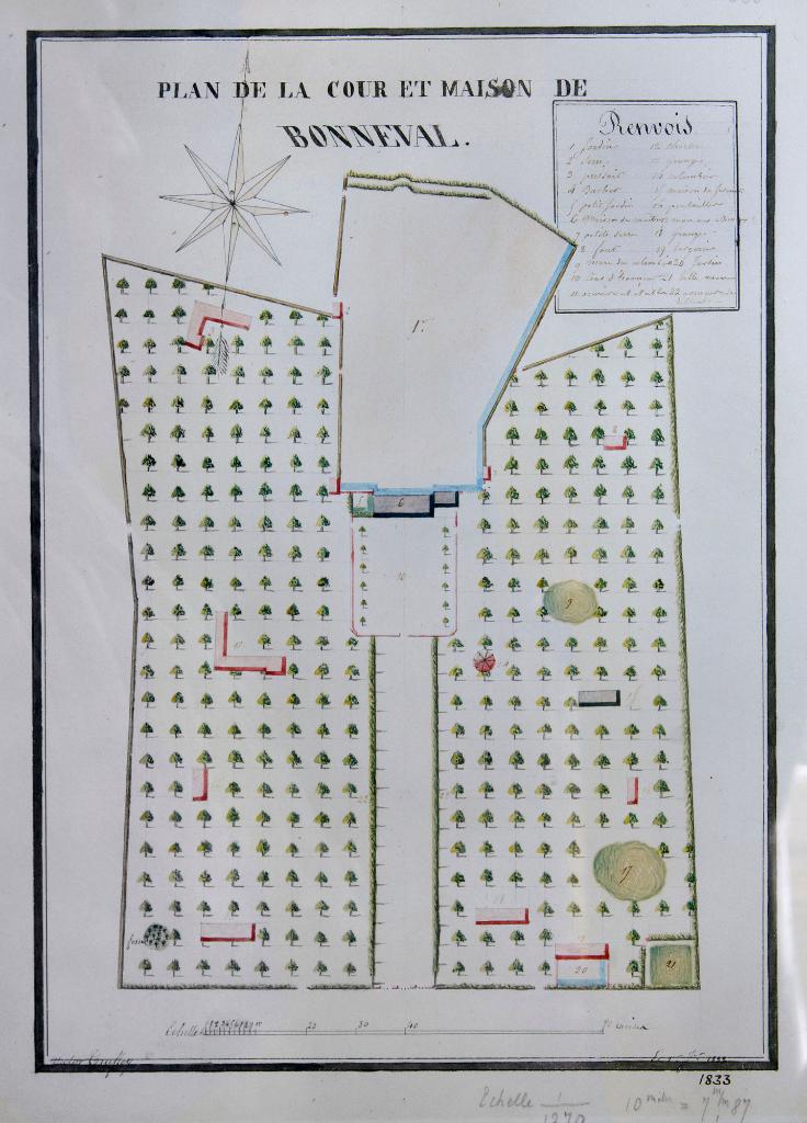 Plan de la cour et maison de Bonneval, 1833. (Collection particulière). ; Plan de la cour et maison de Bonneval, 1833. (Collection particulière).
