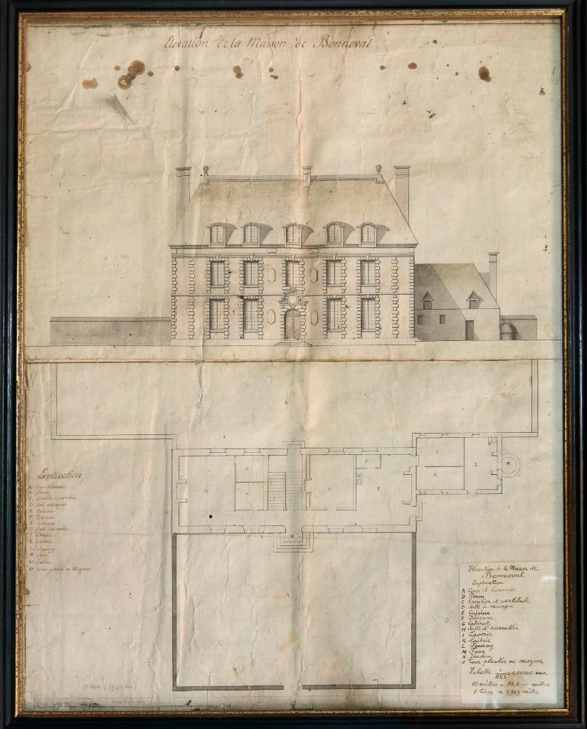 Elévation de la maison de Bonneval.- Plan aquarellé, non daté [vers 1745]. (Collection particulière). ; Elévation de la maison de Bonneval.- Plan aquarellé, non daté (vers 1745). (Collection particulière).