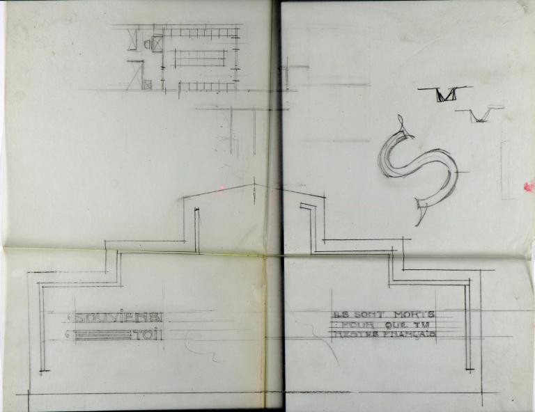 Elévation du futur monument, détail de la stèle, face.- Calque, Herriot architecte, 1934. (AM Evreux).