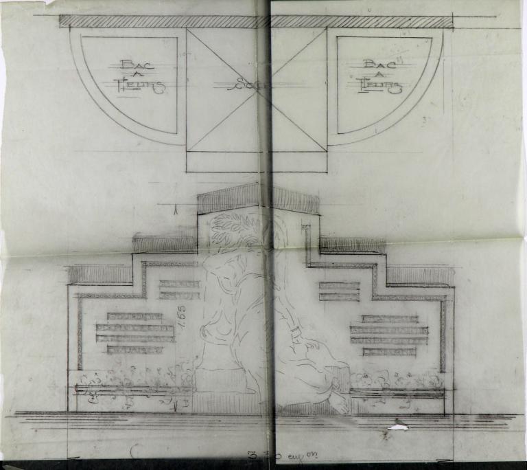 Plan et élévation du futur monument.- Calque, Herriot architecte, 1934. (AM Evreux).