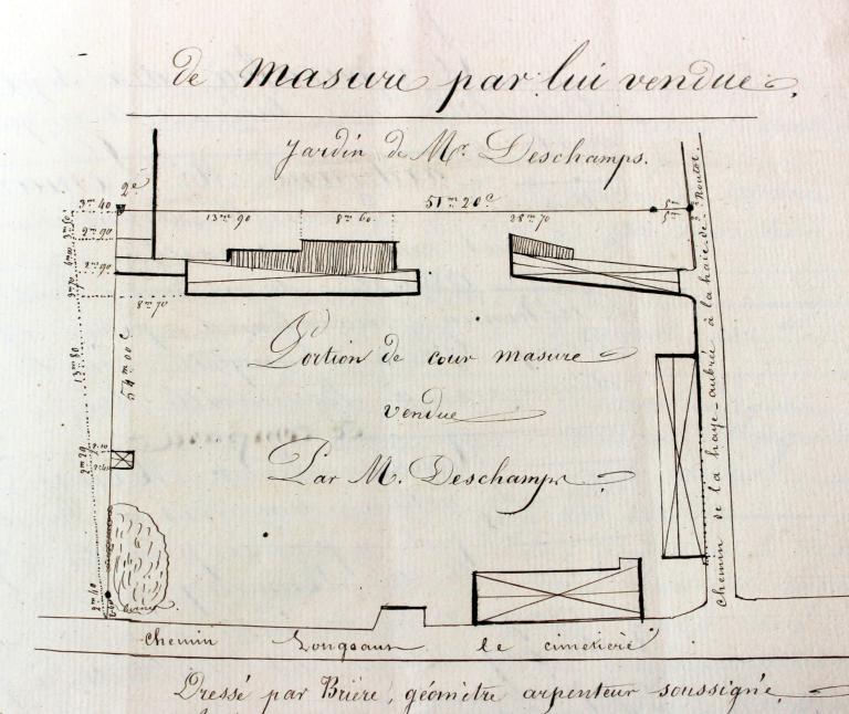 Plan annexé à l'acte de vente passé devant Me Lemariey, notaire à Bourneville.- Plan dressé par Brière, arpenteur, 5 novembre 1859 (315 EDT / 24). 