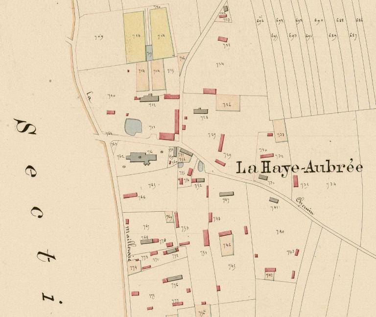Extrait du cadastre napoléonien de La Haye-Aubrée, section B de l'Eglise, 2e feuille, 1826.  ; Extrait du cadastre napoléonien de La Haye-Aubrée, section B (2e feuille), 1826. ; Extrait du cadastre napoléonien de La Haye-Aubrée, section B de l'Eglise, 2e feuille, 1826. 