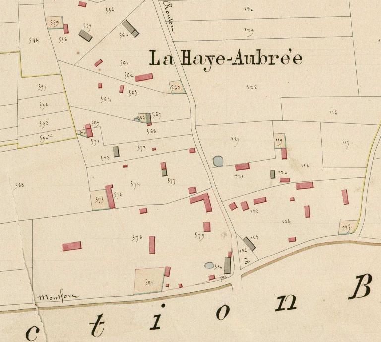 Extrait du cadastre napoléonien de La Haye-Aubrée, section D, 1826. 