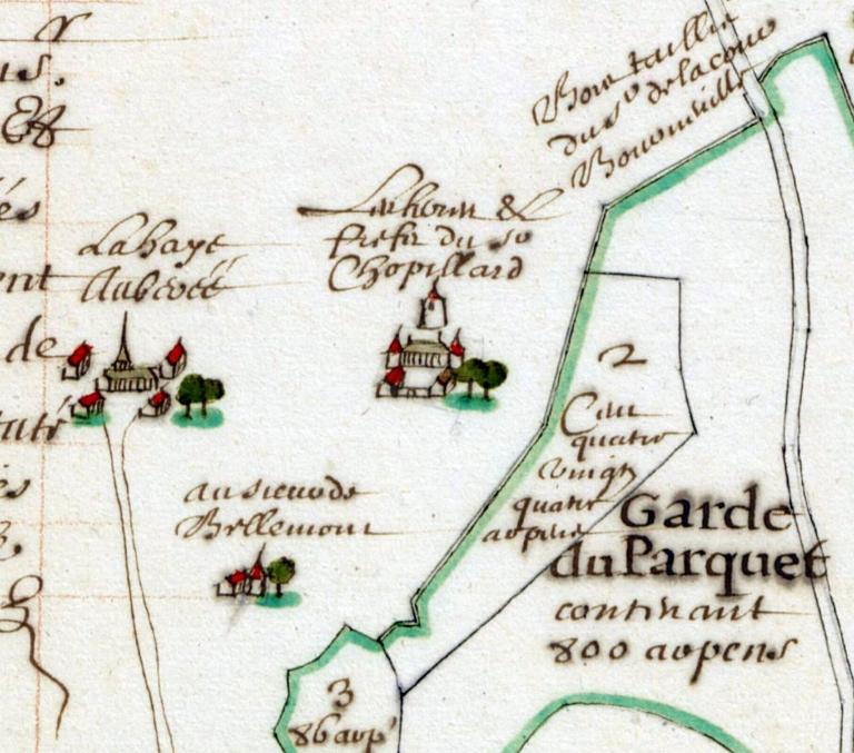 Extrait du plan, figure et arpentage de la forest de Brothonne dressé pour M. Le Féron, conseiller du roi.- Plan manuscrit couleur, fait par Jean Fleury, Paris, 1674 (BNF). 